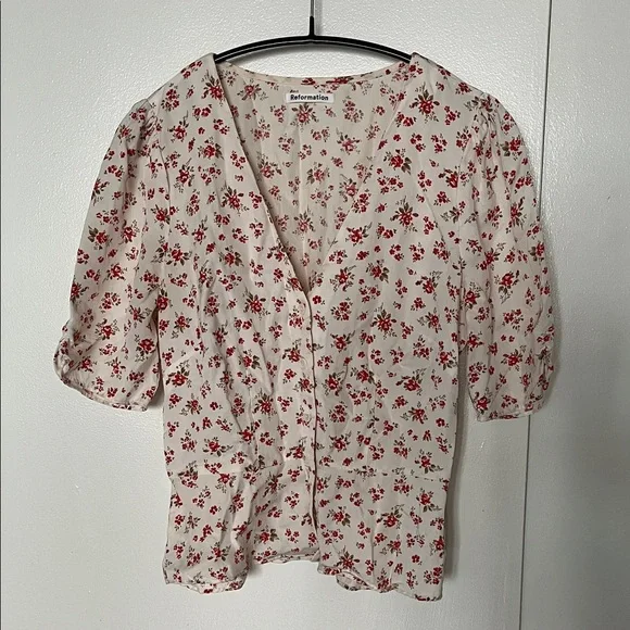 Reformation Red Floral Button-Up Peplum Blouse - Picture 1 of 1